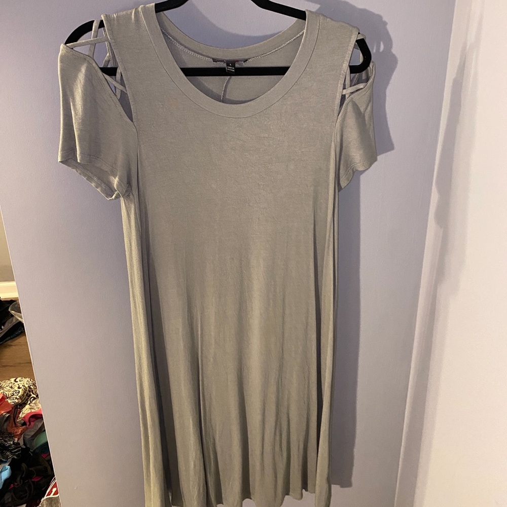 Sage green midi dress. Open shoulder.
